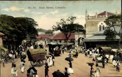 Ak Colombo Ceylon Sri Lanka, Hauptstraße, Straßenbahn