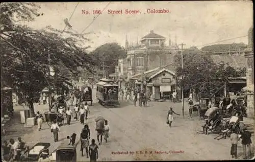 Ak Colombo Ceylon Sri Lanka, Hauptstraße, Straßenbahn