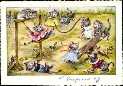 Künstler Ak Vermenschclichte Katzen auf dem Spielplatz, Schaukel, Wippe