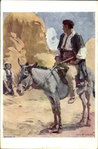 Künstler Ak Mrkvicka, Mann in bulgarischer Tracht auf einem Esel