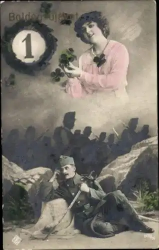 Ak Glückwunsch Neujahr, Soldat mit Säbel, Frau mit Kleeblättern