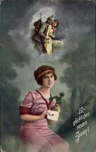 Ak Glückwunsch Neujahr, Soldatenliebe, Frau mit Klee