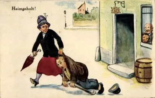 Ak Frau schleppt ihren betrunkenen Ehemann nach Hause