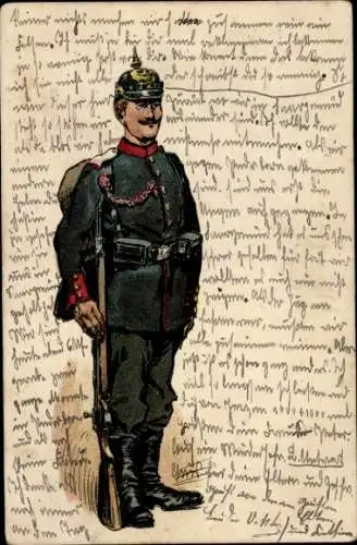 Litho Deutscher Soldat in Uniform, Pickelhaube