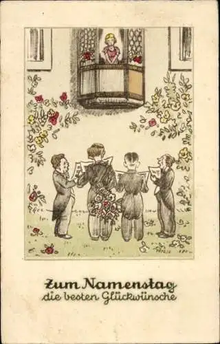 Künstler Ak Glückwunsch Namenstag, Männer bringen Frau ein Ständchen