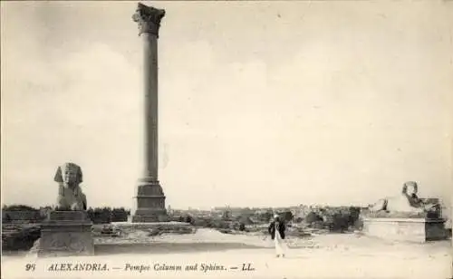 Ak Alexandria Ägypten, Pompeiussäule und Sphinx