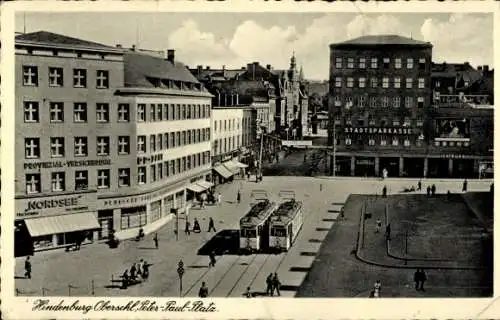 Ak Zabrze Hindenburg Oberschlesien,Peter Paul Platz,Fischhandel Nordsee,Stadtsparkasse,Straßenbahnen