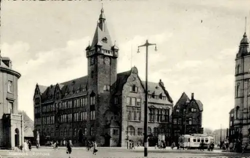 Ak Hamborn Duisburg im Ruhrgebiet, Rathaus, Straßenbahn