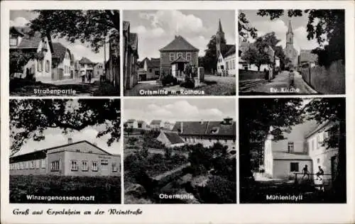 Ak Erpolzheim an der Weinstraße Pfalz, ev. Kirche, Obermühle, Rathaus, Winzergenossenschaft