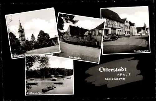 Ak Otterstadt in der Pfalz, Kirche, Schule, Straßenpartie, Auto, Reffental-See, Boote