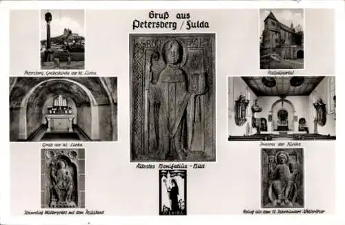 Ak Fulda in Hessen, Petersberg, Grabeskirche, ältestes Bonifatius-Bild, Relief, Grab Hl. Lioba