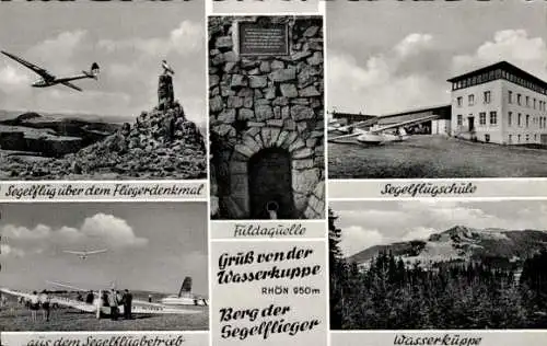 Ak Gersfeld in der Rhön Hessen, Wasserkuppe, Fliegerlager, Fliegerdenkmal, Fuldaquelle