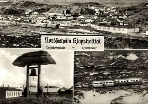Ak Kampen in Nordfriesland, Nordseeheim Klappholttal, Kinderdorf, Volkshochschule, Glocke, Eisenbahn