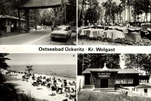 Ak Ückeritz auf der Insel Usedom, Campingplatz A 53, Strand, Fischerhütte, Wartburg