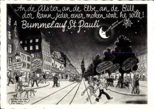 Künstler Ak Hamburg Mitte St. Pauli, Bummel, Mond, Straßenbahn, Spaziergänger