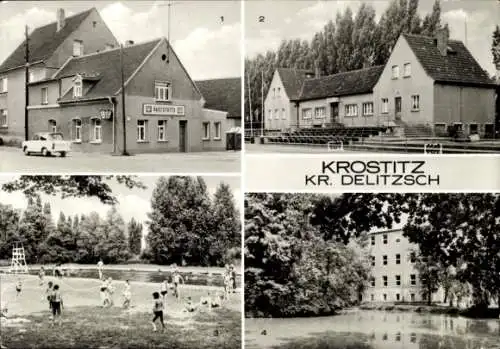 Ak Krostitz in Sachsen, Konsum Raststätte, Sportlerheim, Freibad, Polytechnische Oberschule