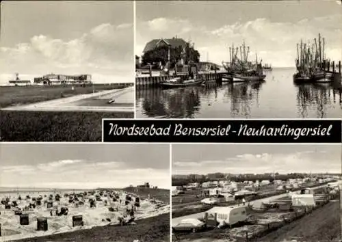 Ak Neuharlingersiel Bensersiel Esens in Niedersachsen, Hafen, Fischerboote, Campingplatz, Strand