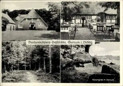 Ak Stenum Ganderkesee in Niedersachsen, Backenköhlers Gaststätte, Waldweg, Terrasse, Hünengrab