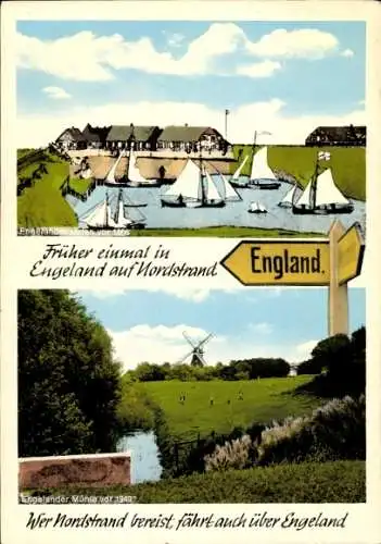 Ak Insel Nordstrand in Nordfriesland, Engeland, Hafen, Segelschiffe, Windmühle vor 1949