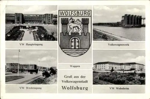 Ak Wolfsburg in Niedersachsen, VW Haupt- und Westeingang, Volkswagenwerk, VW Wohnheim, Wappen