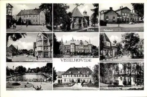 Ak Visselhövede in Niedersachsen, Rathaus, Kirche, Bahnhof, Hotel Deutsches Haus, Schloss Kettenburg