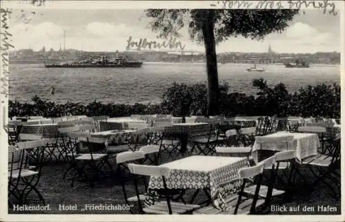 Ak Heikendorf an der Kieler Förde, Terrasse Hotel Friedrichshöh, Blick auf den Hafen