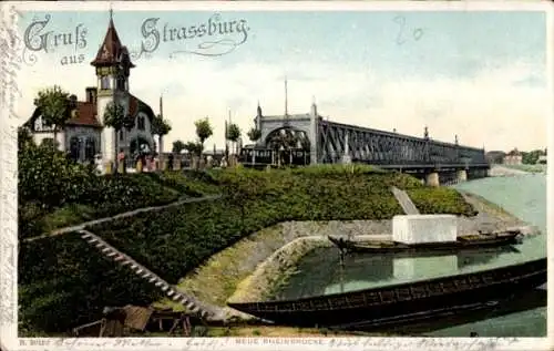 Litho Straßburg Elsass Bas Rhin, Neue Rheinbrücke