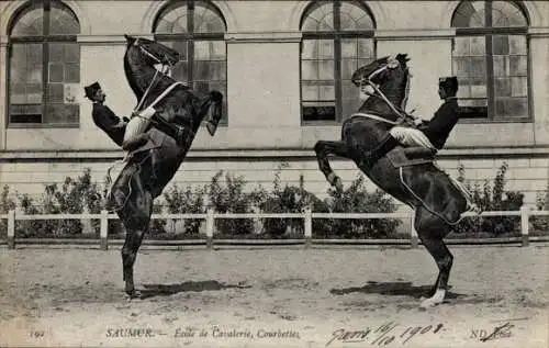 Ak Saumur Maine et Loire, Ecole de Cavalerie, Courbettes