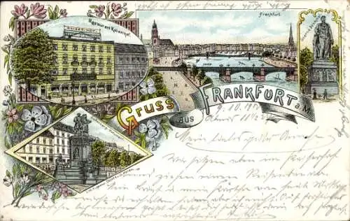 Litho Frankfurt am Main, Restaurant Kaiserhof, Guttenberg Monument, Goethe Denkmal