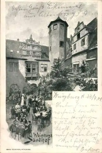 Künstler Litho Würzburg am Main Unterfranken, Weinhaus Sandhof