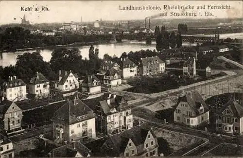 Ak Kehl am Rhein, Landhauskolonie, Rheinbrücke und Fernsicht auf Straßburg