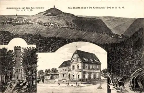 Ak Waldkatzenbach Waldbrunn im Odenwald, Panorama, Aussichtsturm auf dem Katzenbuckel, Gasthaus