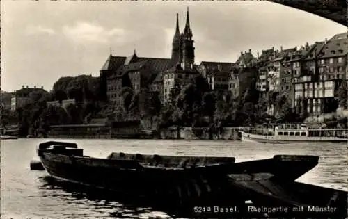 Ak Basel Stadt Schweiz, Rhein, Münster, Boot