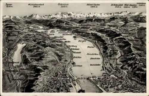 Ak Rüschlikon Kt. Zürich, Landkarte, See, Böser Faulen, Glärnisch, Mürtschenstock, Speer, Bendlikon