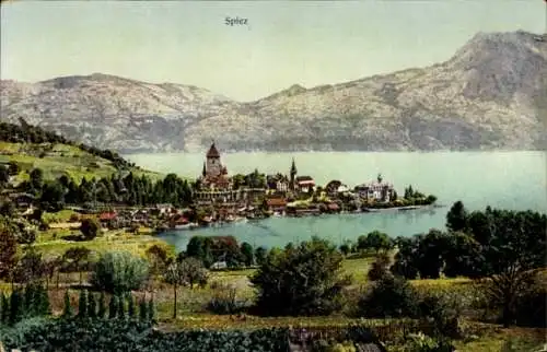 Ak Spiez Kanton Bern, Blick auf die Stadt und den Thunersee