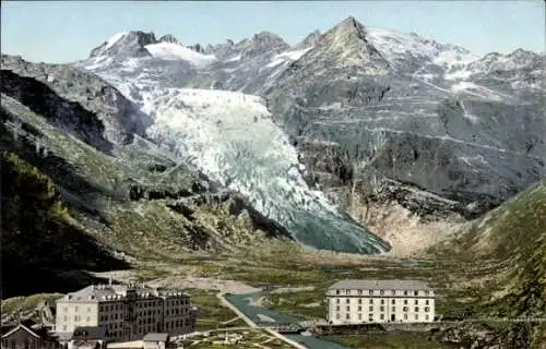 Ak Kt Wallis Schweiz, Rhonegletscher, Hotel Gletsch