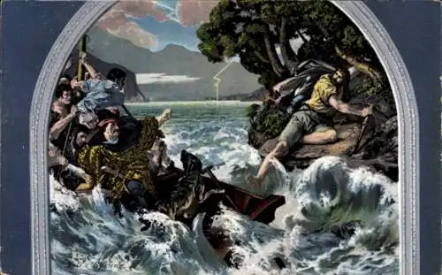 Ak Vierwaldstättersee Kanton Uri, Tellskapelle, Waldgemälde Tell's Sprung von Dr. Stückelberg