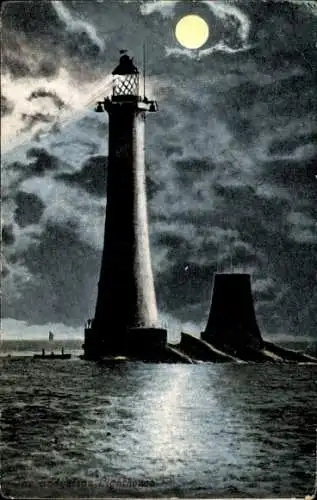 Ak Plymouth Devon England, Leuchtturm Eddystone bei Nacht, Mond