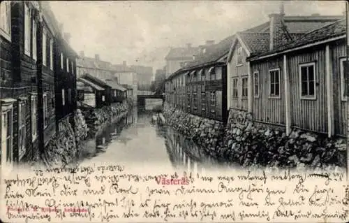 Ak Västerås Schweden, Häuser am Wasser