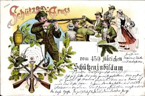 Litho Schützengruß vom 450-jährichen Schützenjubiläum, München