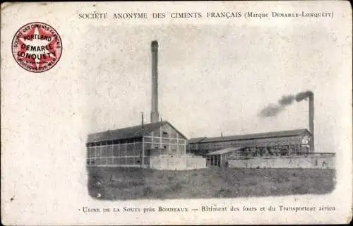 Ak La Souys Gironde, Societe Anonyme des Ciments Francais, Batiment des fours et du Transporteur aer