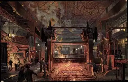 Künstler Ak Essen im Ruhrgebiet, Friedr. Krupp AG, Gussstahlfabrik, Panzerplatten Walzwerk