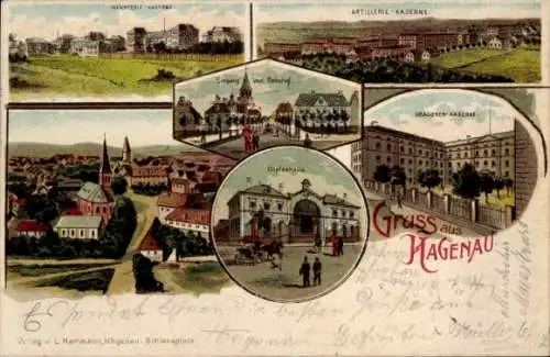 Litho Haguenau Hagenau im Elsass Bas Rhin, Infanterie-Kaserne, Dragonen-Kaserne, Hopfenhalle