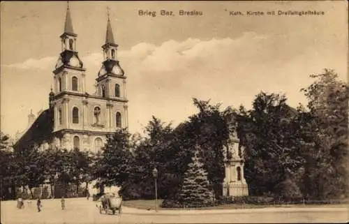 Ak Brzeg Brieg Schlesien, Katholische Kirche, Dreifaltigkeitssäule