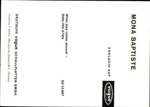 Ak Schauspielerin Mona Baptiste, Portrait, Autogramm, Sängerin