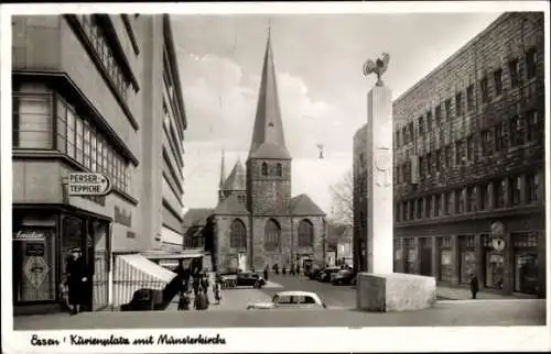 Ak Essen im Ruhrgebiet, Kurienplatz, Münsterkirche, Geschäft für Perserteppiche, Denkmal