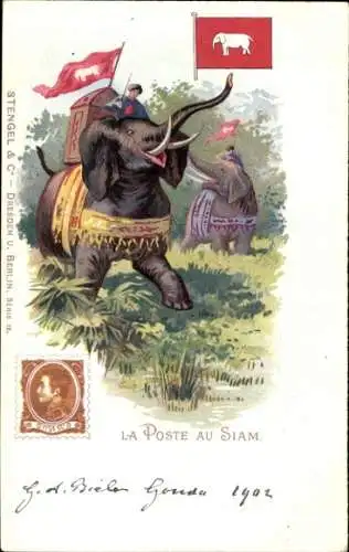 Briefmarken Litho Thailand, Die Post in Siam, Elefantenreiter, Flagge