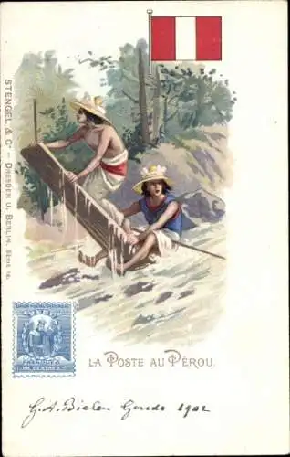 Briefmarken Litho Die Post in Peru, Fluss, Floß
