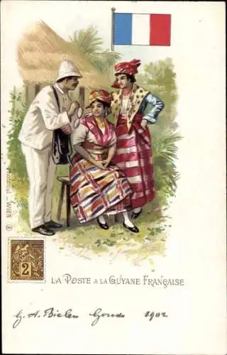 Briefmarken Ak Die Post in Französisch Guyana, Postbote, einheimische Frauen