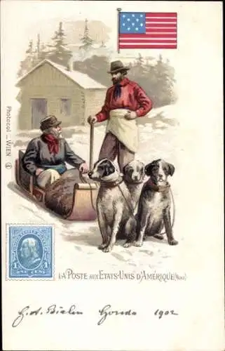 Briefmarken Litho Die Post in den Vereinigten Staaten von Amerika, Postbote, Schlittenhunde